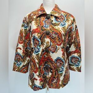 Chico’s Bold Jewel Tones Paisley Print 3/4 Sleeve Jacket with Decorative Buttons